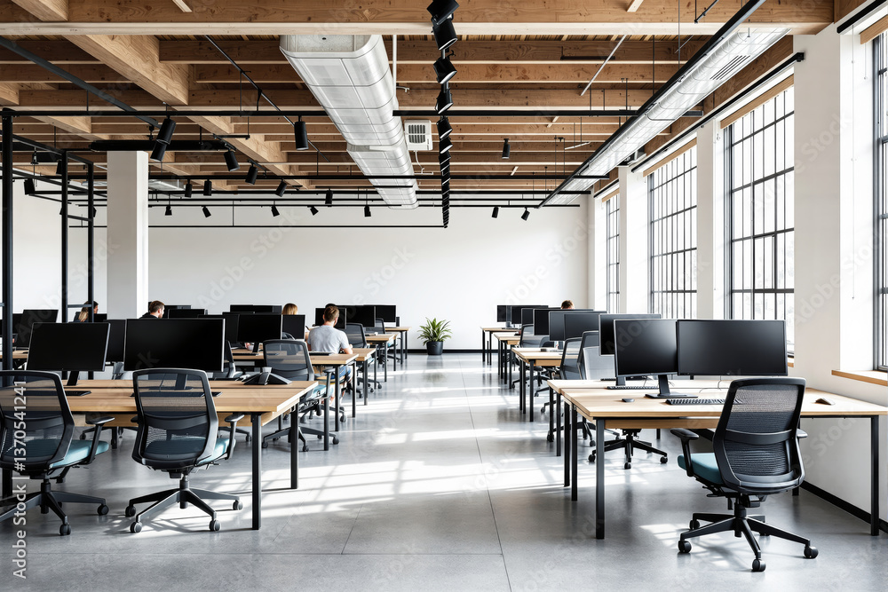 Contemporary office interior with minimalist design, featuring wooden ceiling and wide windows in a bright room with desks and chairs. Concept of workspace. Ai generative Contemporary office interior with minimalist design, featuring wooden ceiling and wide windows in a bright room with desks and chairs. Concept of workspace. Ai generative