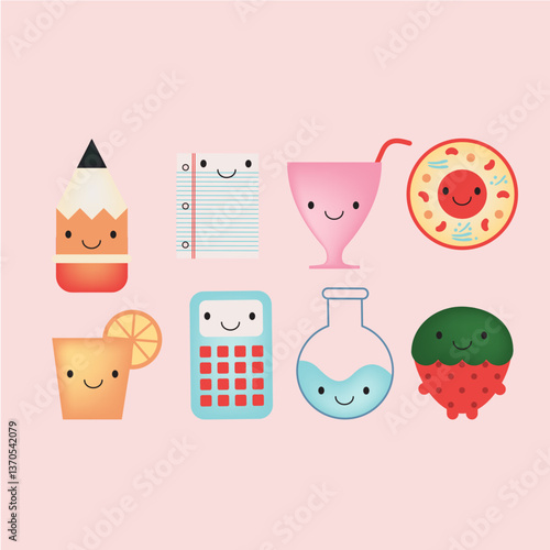 Cute Fruit Drinks and Studying Icon Characters in Pastel Illustration