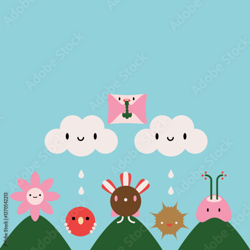 Cute Minimalist Characters Smiling with Mountains, Clouds and Flowers in Pastel Colors Vector Illustration