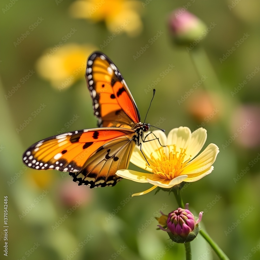A beautiful butterfly resting on a delicate spring flower, showcasing the vibrant colors of nature in the spring season. A beautiful butterfly resting on a delicate spring flower, showcasing the vibrant colors of nature in the spring season.