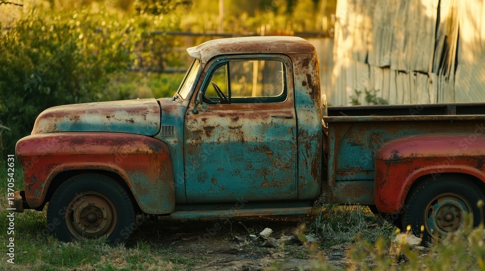 An aged and weathered pickup truck is resting in nature An aged and weathered pickup truck is resting in nature