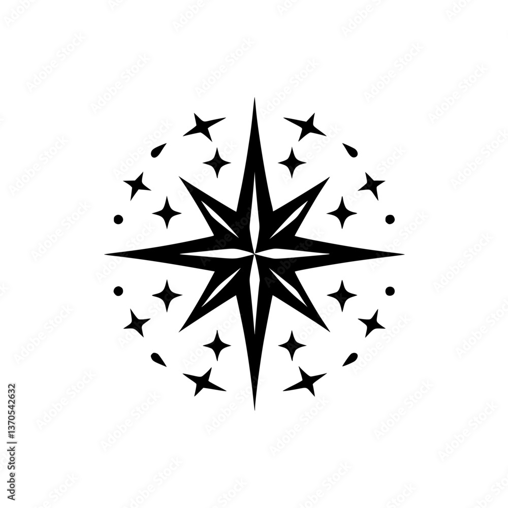 Fototapeta premium Minimalist Black Starburst Icon on White, Geometric Celestial Design