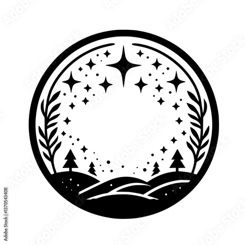 Celestial Circle: Black & White Winter Scene, Starry Night