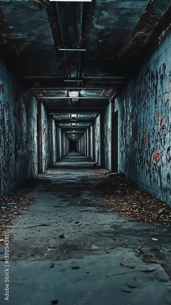 Mysterious abandoned corridor with graffiti and scattered leaves evokes a sense of eeriness and exploration Mysterious abandoned corridor with graffiti and scattered leaves evokes a sense of eeriness and exploration