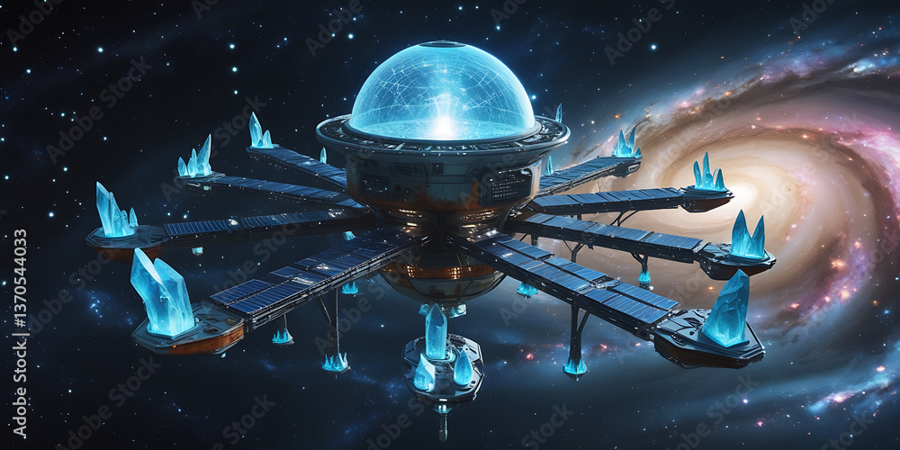 Naklejka premium Futuristic Space Station with Transparent Dome Surrounded by Crystalline Structures