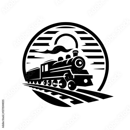 Vintage Steam Train Logo in Circle, Black and White, Retro Design