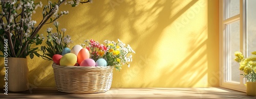 Colorful Easter eggs in a basket beside blooming flowers on a sunny yellow background.
