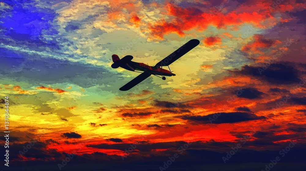 An airplane soars through the colorful sky at sunset, painting the scene. An airplane soars through the colorful sky at sunset, painting the scene.