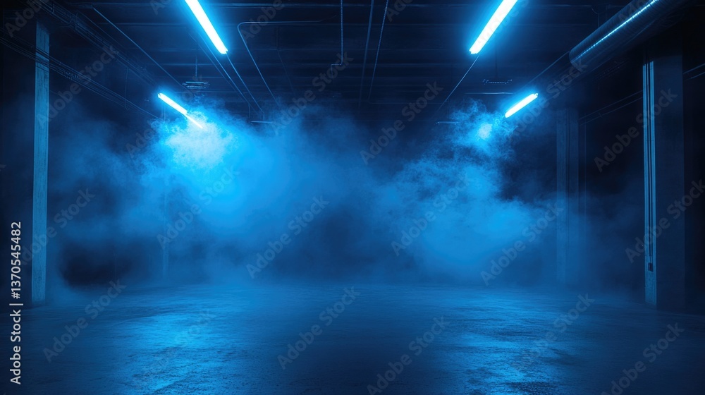 Mysterious blue fog envelops an industrial space illuminated by neon lights during the late hours of the night Mysterious blue fog envelops an industrial space illuminated by neon lights during the late hours of the night
