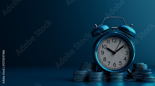 Wallpaper Mural  Time and money concept with alarm clock, coins, and watch on blue background with space for text Torontodigital.ca