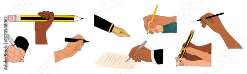 Set of Hands with writing tools. Colored outline drawing of human hands with pen, pencil, highlighter, marker.  Vector hand drawn illustrations isolated on transparent background.
