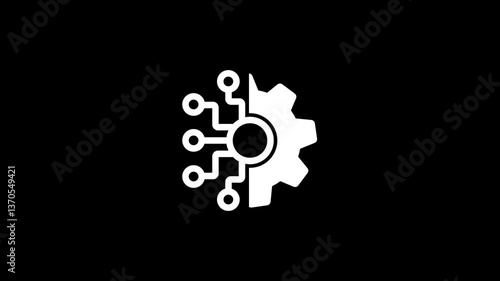 Ai technology icon animation. Animated line half cogwheel with digital data streaming. Loop HD video with alpha channel, transparent background.