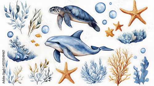 Wallpaper Mural Underwater Wonders: Watercolor illustrations bring to life a vibrant underwater scene, featuring a dolphin, sea turtle, starfish, coral, and various aquatic plants. Torontodigital.ca