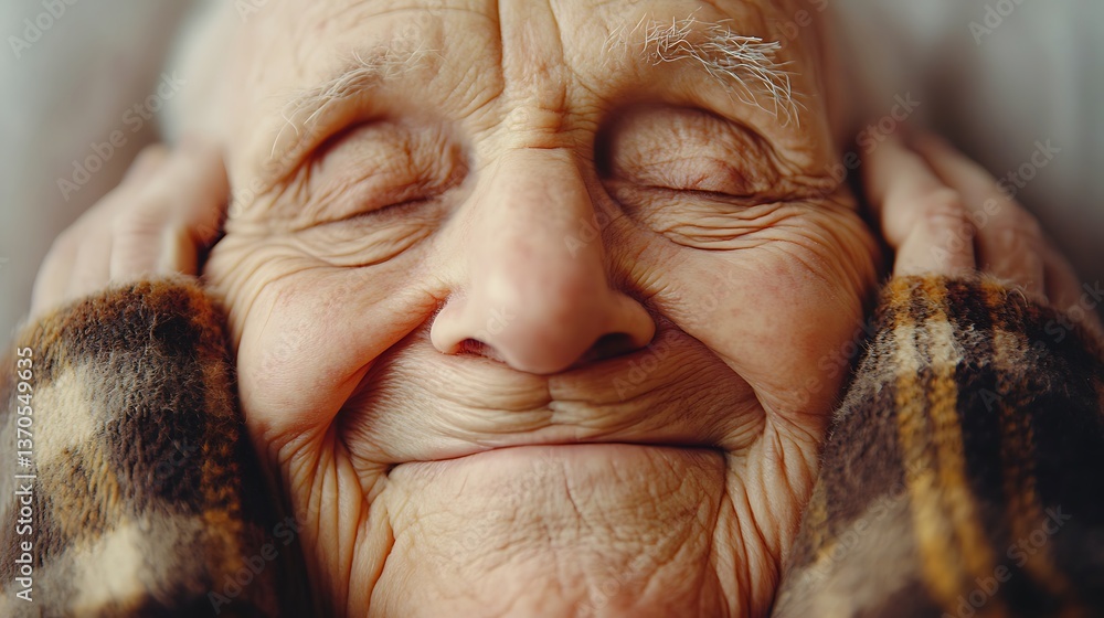 Close-up of a smiling elderly woman's face with eyes closed, hands gently covering her ears. Close-up of a smiling elderly woman's face with eyes closed, hands gently covering her ears.