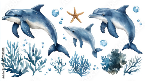 Wallpaper Mural Aquatic Ballet: a watercolor artwork of dolphins gracefully dancing amidst coral and bubbles, bringing the ocean's wonders to life. Torontodigital.ca