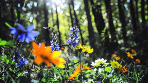 Vibrant wildflowers bloom in a sun dappled forest scene with a dragonfly A beautiful summer meadow with colorful flowers