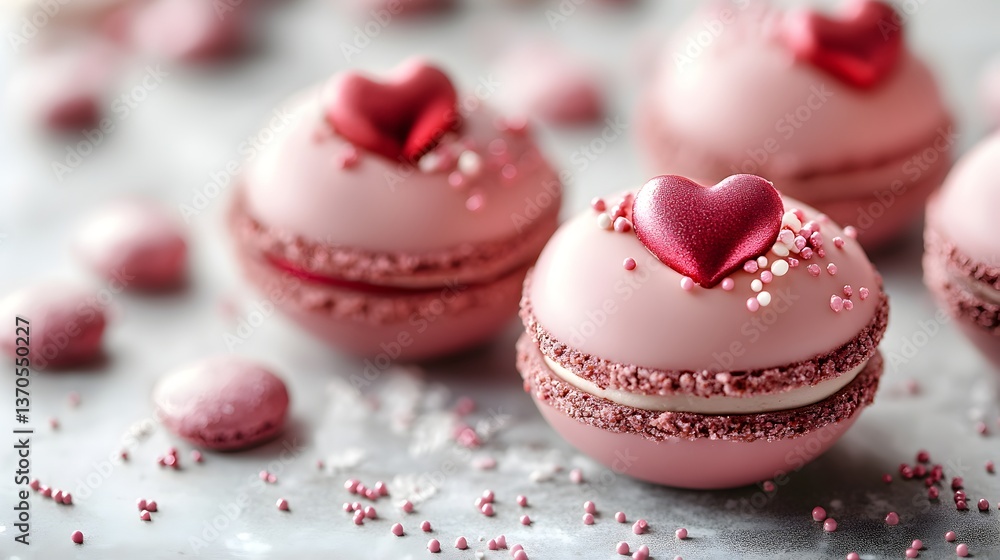 Delicious pink macarons with heart-shaped decorations are artfully arranged on a grey textured surface for a romantic Valentine's Day treat. Delicious pink macarons with heart-shaped decorations are artfully arranged on a grey textured surface for a romantic Valentine's Day treat.