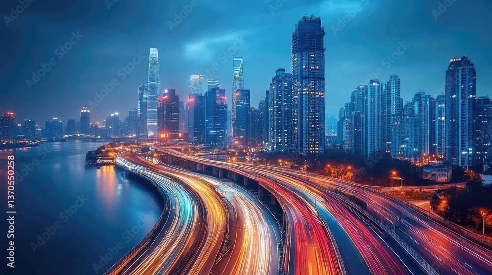 Obraz premium Vibrant night lights illuminate the bustling skyline and busy roads of a modern city at dusk