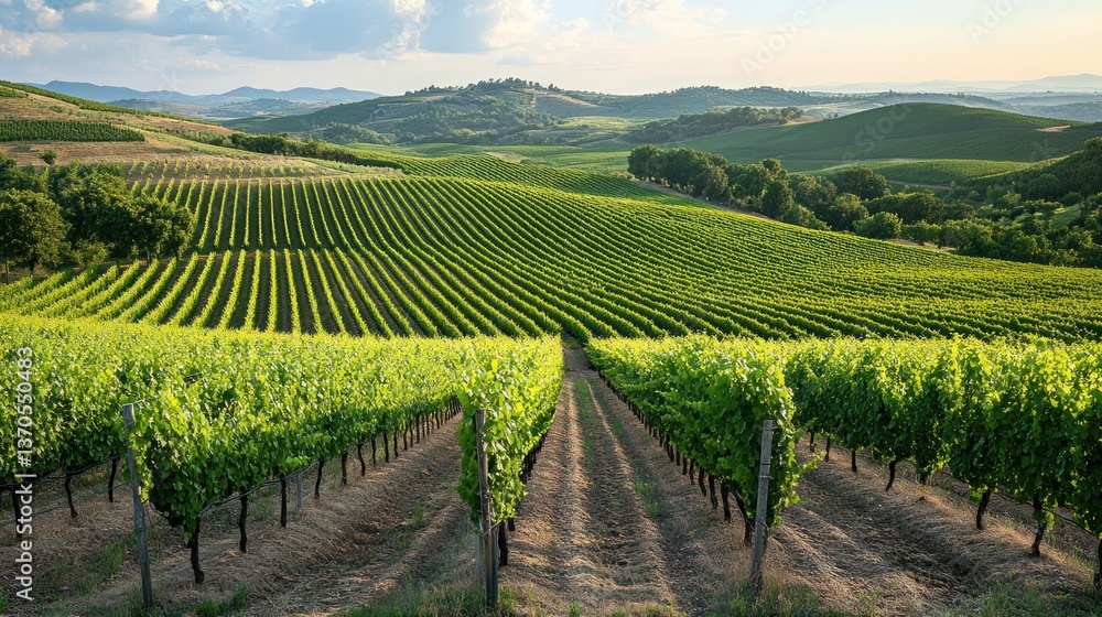 Naklejka premium Tuscan Vineyard Landscape: Rows of Grapevines in Rolling Hills