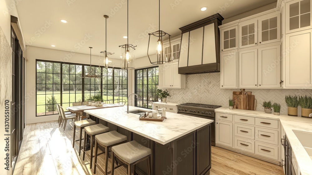 Modern Farmhouse Kitchen Design with Island and Window Views Modern Farmhouse Kitchen Design with Island and Window Views