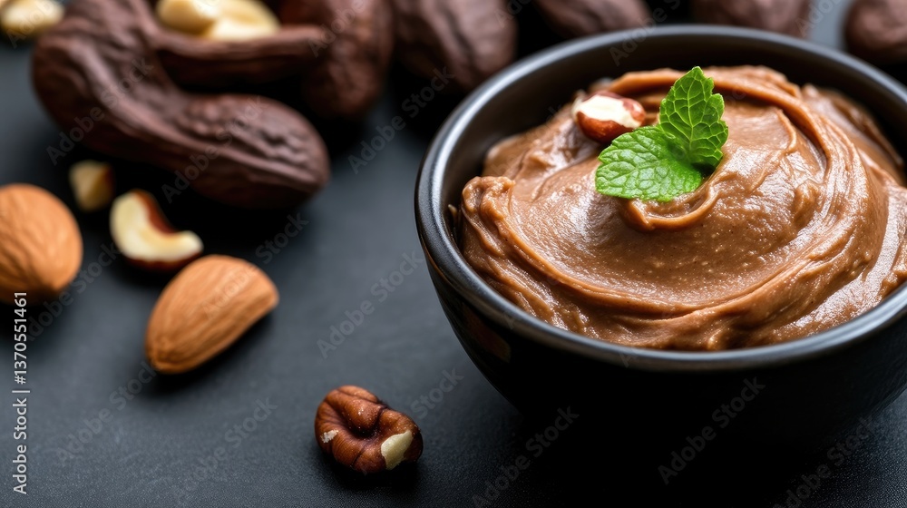 Fototapeta premium Creamy nut butter in a bowl, surrounded by nuts