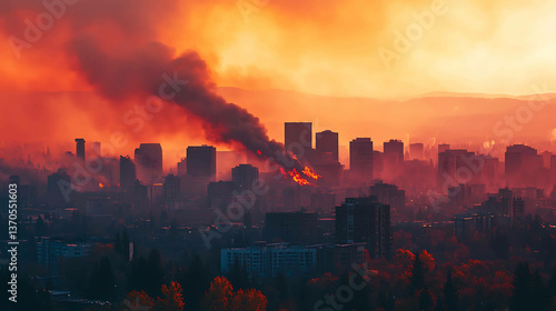 Smoke rising over a city skyline as nearby wildfires rag