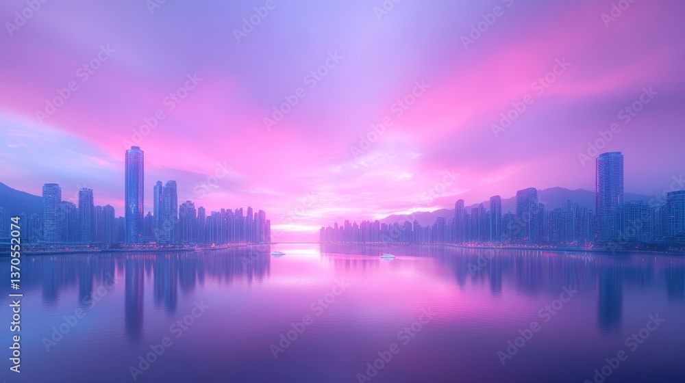 Fototapeta premium Cityscape Serenity: Pink Dawn over the Harbor