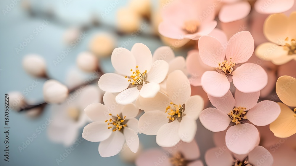 Delicate pastel pink and white cherry blossoms in full bloom on branches against a soft blue background create a serene sp floral scene. Delicate pastel pink and white cherry blossoms in full bloom on branches against a soft blue background create a serene sp floral scene.