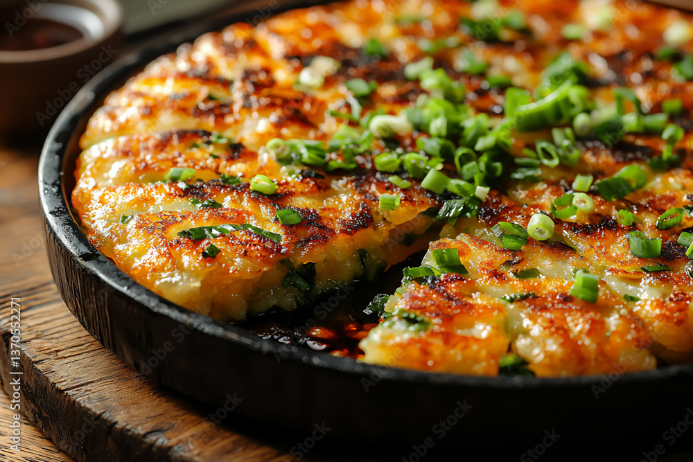 a close-up of a crispy korean pancake (pajeon) with visible green onions and other ingredients, being dipped into a soy sauce-based dipping sauce,