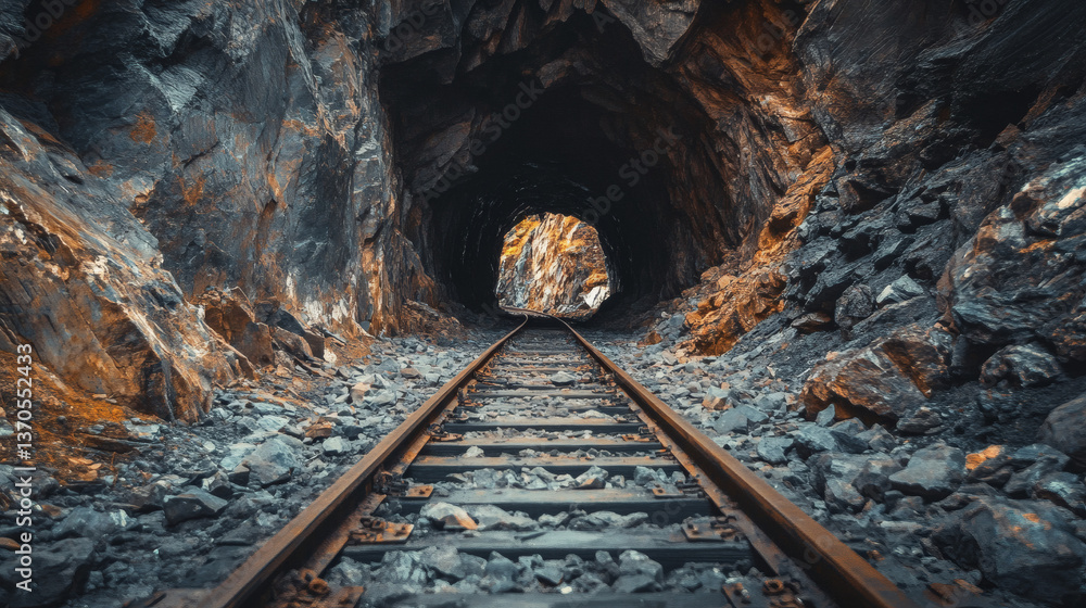 Naklejka premium Dramatic Railroad Tracks Leading Into Dark Rock Tunnel with Dim Light and Stone Walls in a Remote Location