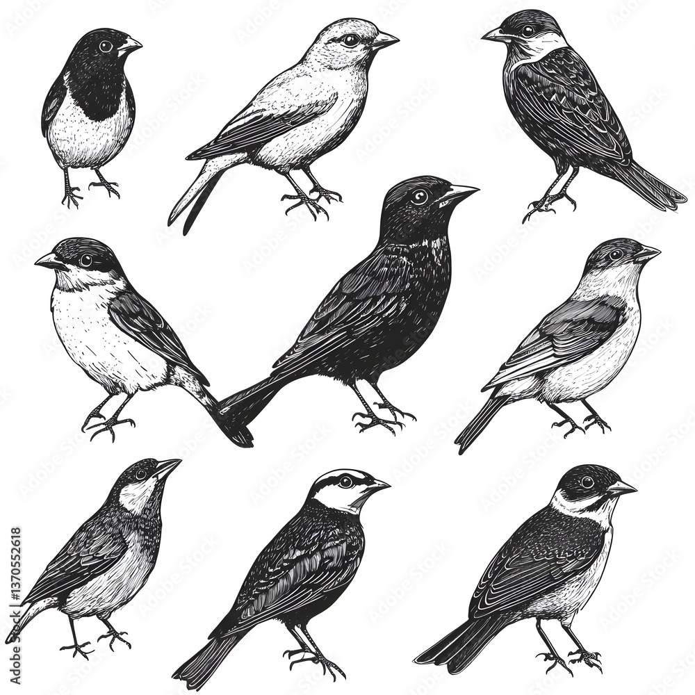 Fototapeta premium A collection of nine detailed hand-drawn bird illustrations in black and white ink style perfect for ornithology books or nature publications.