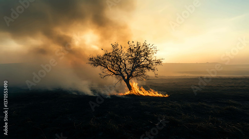 A lone tree burning fiercely in the middle of a scorched