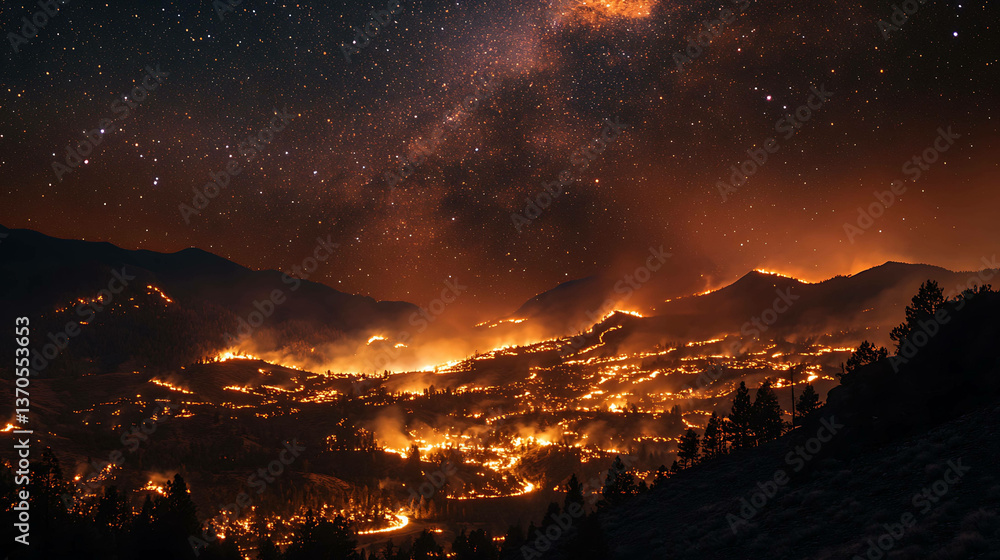 Naklejka premium A night view of a wildfire lighting up the stars creatine