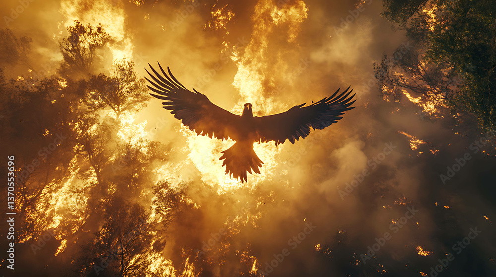Fototapeta premium A mythical phoenix rising from the ashes of a wildfire