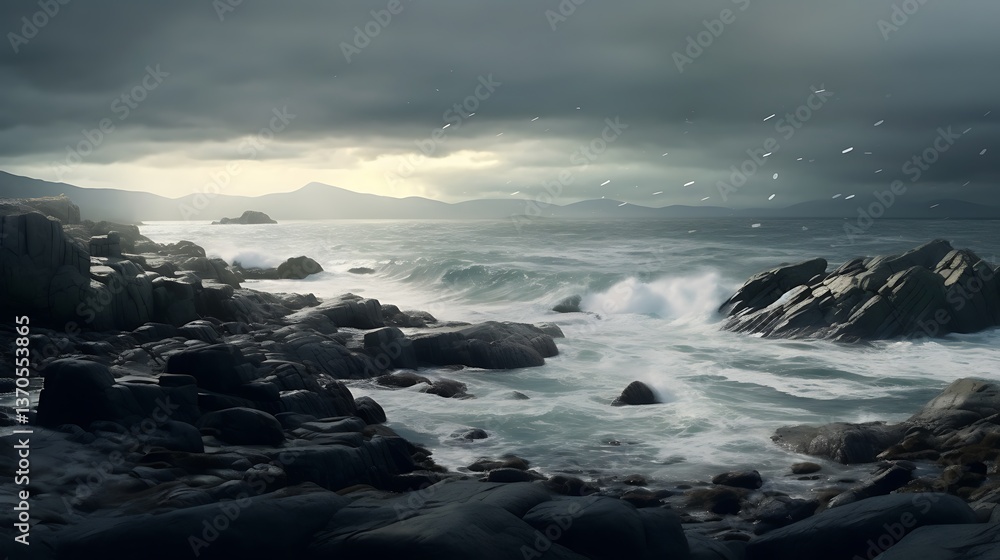 Fototapeta premium Dramatic Coastal Scene Dark Rocks and Turbulent Ocean