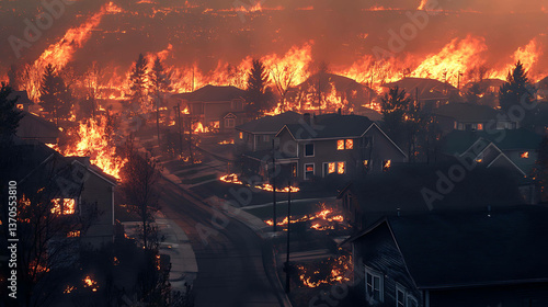 A residential neighborhood threatened by advancing wildfire