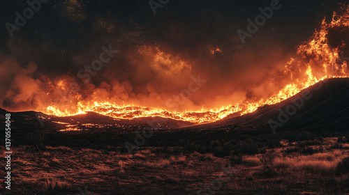 A surreal view of a wildfire blending with the night sky