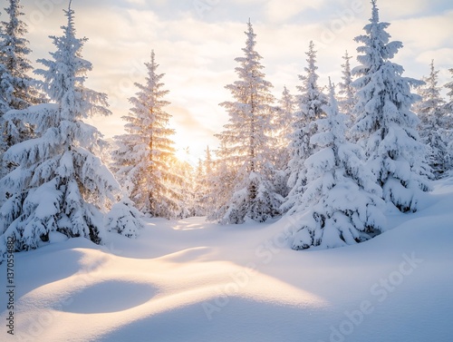 Enchanting snow-covered pine trees amidst a frozen winter wonderland serene landscape nature photography atmospheric view