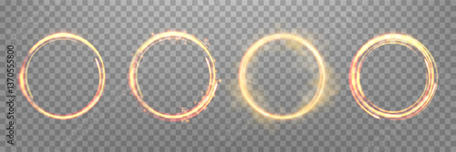 Glowing orange magic rings. Neon realistic energy flare halo rings. Abstract light effect on a transparent background. Vector illustration.