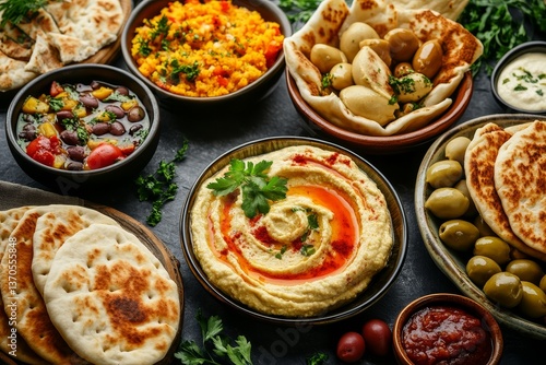 Wallpaper Mural A beautifully presented array of Middle Eastern delights, including hummus, pita bread, falafel, and an assortment of green and Kalamata olives in bowls Torontodigital.ca