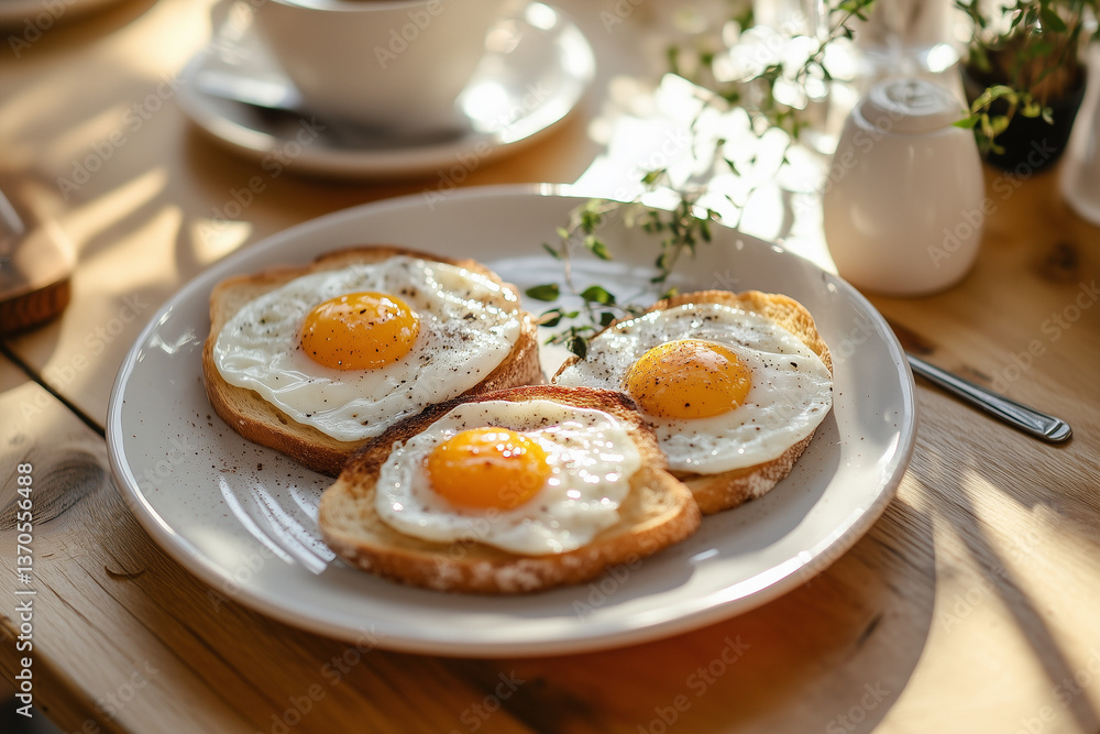 Toasted bread with sunny-side-up eggs on breakfast table in natural light Toasted bread with sunny-side-up eggs on breakfast table in natural light