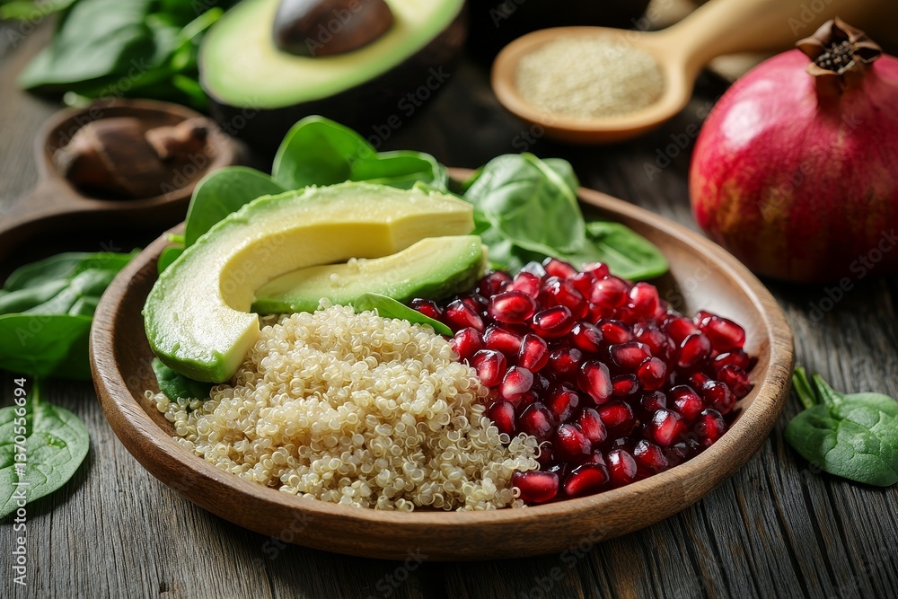 A rustic wood board showcases a colorful arrangement of wholesome ingredients, including avocado, spinach, pomegranates, and quinoa, forming a nutritious and visually appealing display A rustic wood board showcases a colorful arrangement of wholesome ingredients, including avocado, spinach, pomegranates, and quinoa, forming a nutritious and visually appealing display