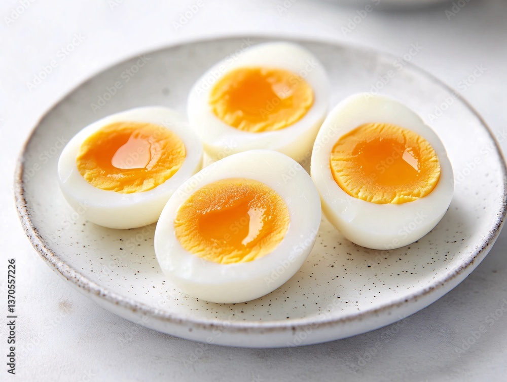 Perfectly boiled eggs served on a plate kitchen food photography bright setting close-up culinary delight Perfectly boiled eggs served on a plate kitchen food photography bright setting close-up culinary delight