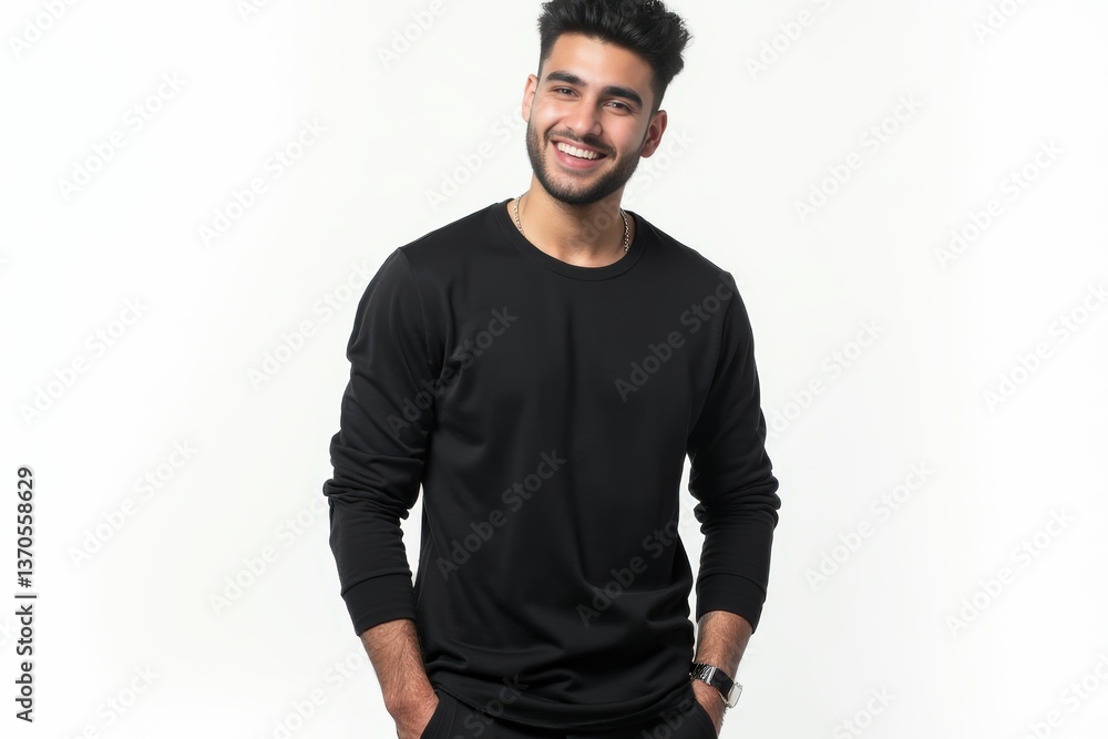 Fototapeta premium Half-Length (Waist-Up) portrait of young stylish smiling Syrian male model in goth wear isolated on pure white background looking at camera