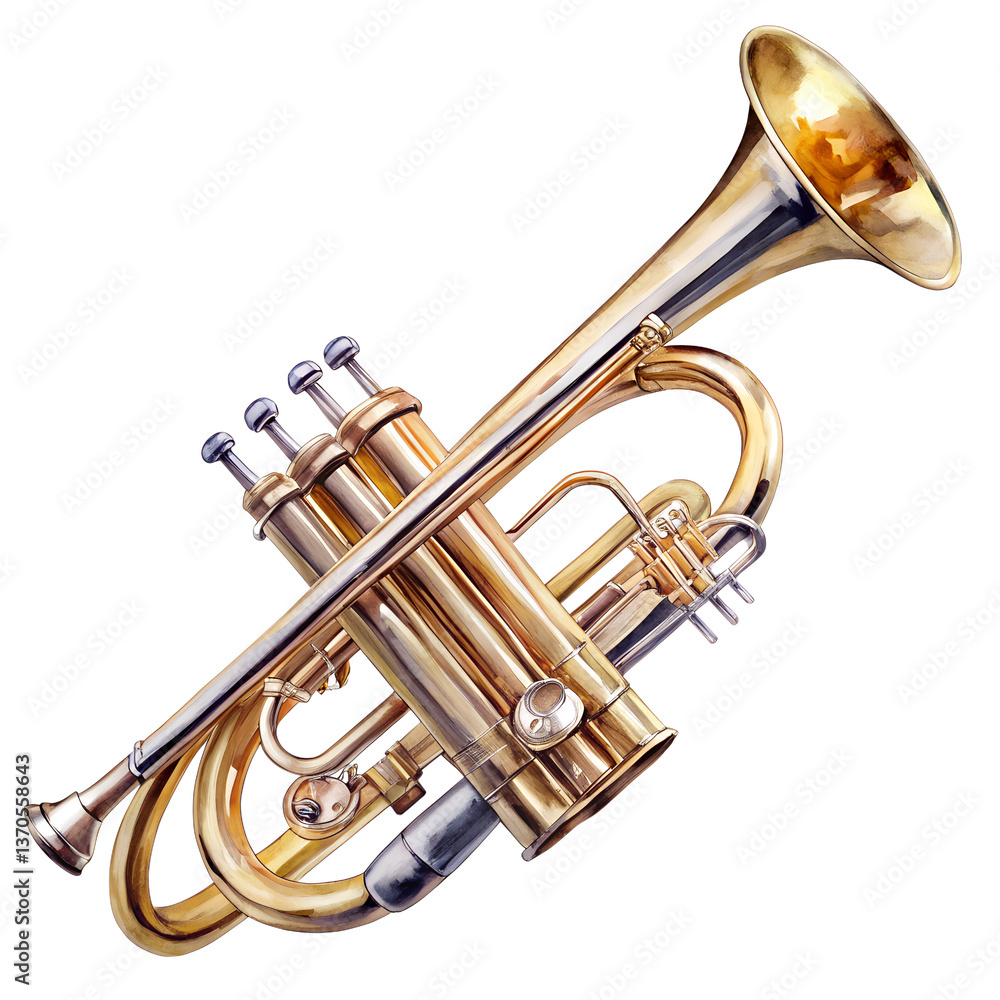 Obraz premium Watercolor Shiny new metallic brass trumpet isolated on transparent background