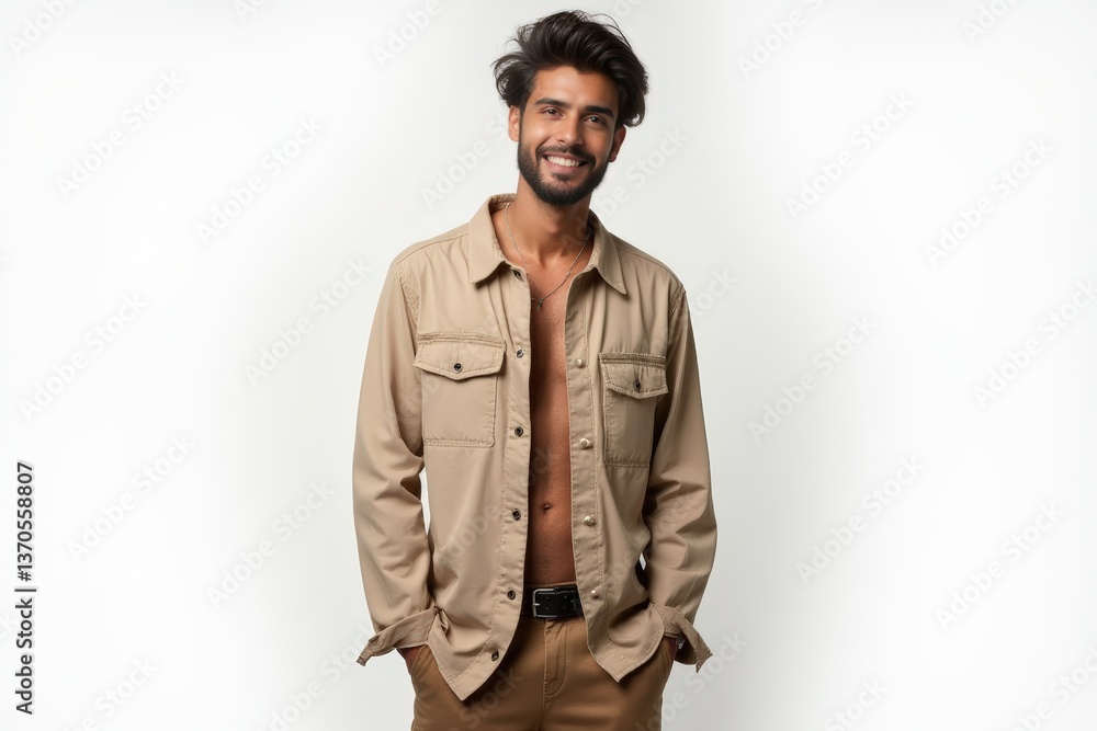 Fototapeta premium Half-Length (Waist-Up) portrait of young stylish smiling Syrian male model in hippie wear isolated on pure white background looking at camera