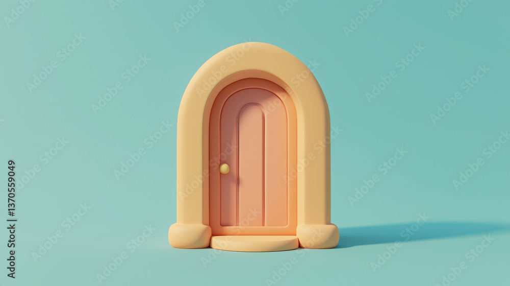 Fototapeta premium A whimsical 3D fairy-tale door with pastel colors, rounded frame, and charming trees in a fantasy setting. A playful diorama scene evoking imagination, childhood wonder, and magical storytelling. 
