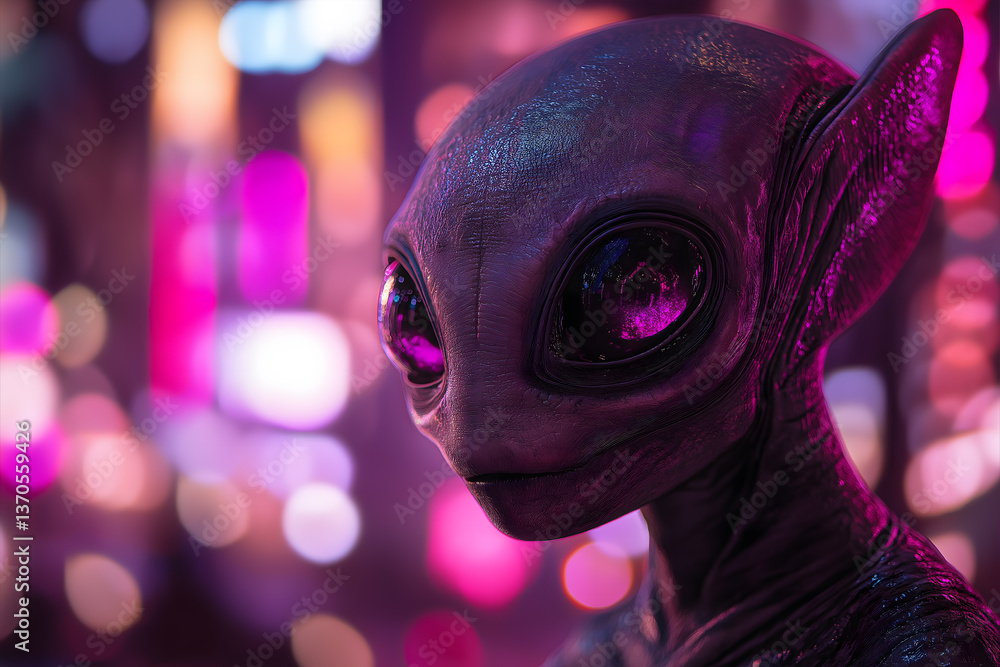 Naklejka premium A peaceful Alien in techno style in pink purple light