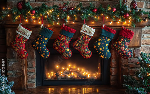 Lit Holiday Stockings on Rustic Mantel  