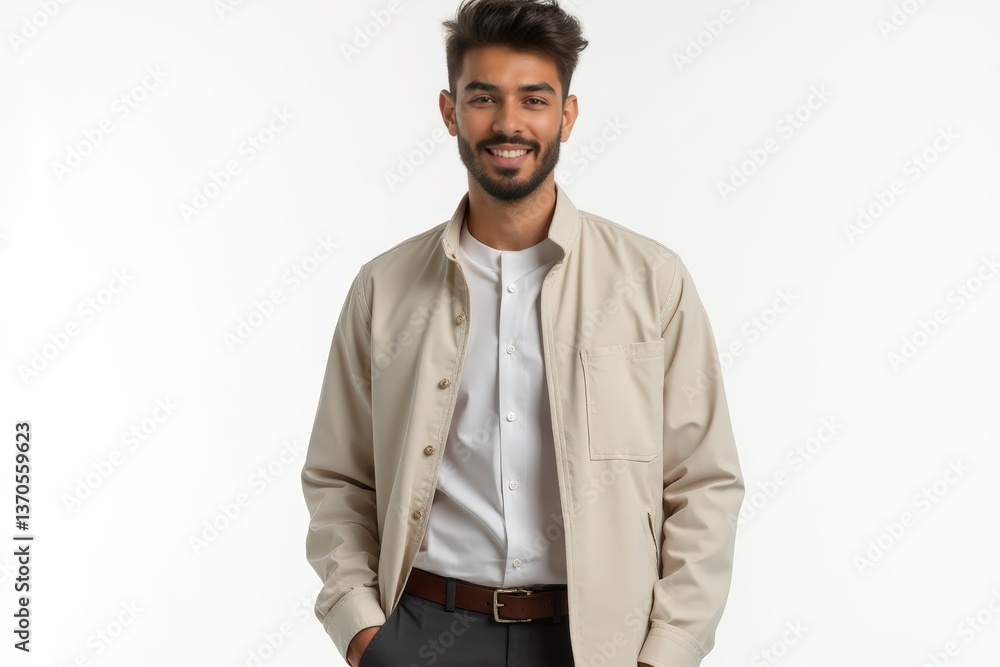 Half-Length (Waist-Up) portrait of young stylish smiling Syrian male model in country wear isolated on pure white background looking at camera Half-Length (Waist-Up) portrait of young stylish smiling Syrian male model in country wear isolated on pure white background looking at camera